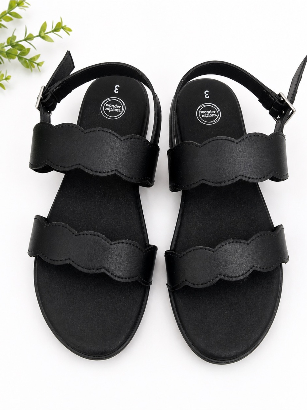 Wonder Nation Girls Black Scalloped Dress Sandals Size 3 NWOB